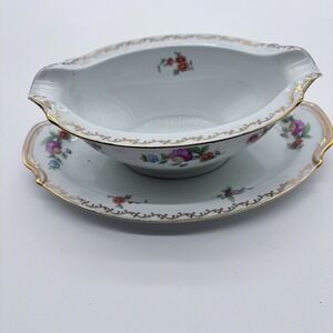 Noritake China Dresdlina Gravy Boat Attached Plate Hand Painted Retired Pattern